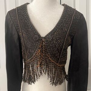 Embroidered Fringe Bomber Jacket - Brown